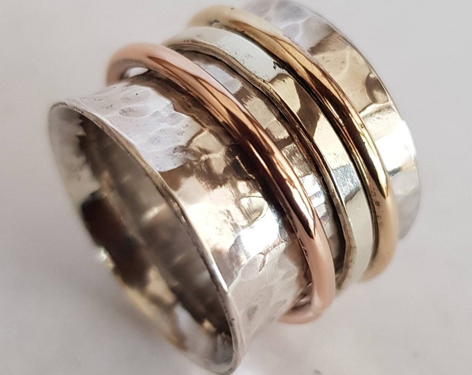 Unisex Sterling Silver 15 mm Wide Meditation / Fiddle Spinner Ring with White, Yellow and Rose Gold Spinners .  With Engraving