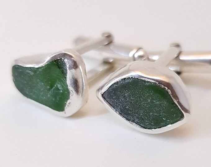 Handmade Sterling Silver Gents T-Bar Cufflinks withThick Bezel SetGreen Sea Glass. Each Set are Completely Unique