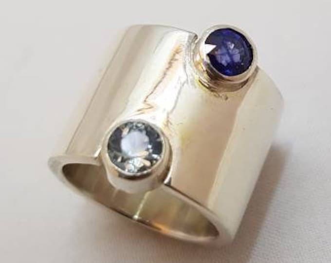 Contemporary 15mm Wide Band Sterling Silver Mother and Daughter Ring with Tube Set 5mm Sapphire cabochon and aquamarine