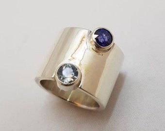 Contemporary 15mm Wide Band Sterling Silver Mother and Daughter Ring with Tube Set 5mm Sapphire cabochon and aquamarine