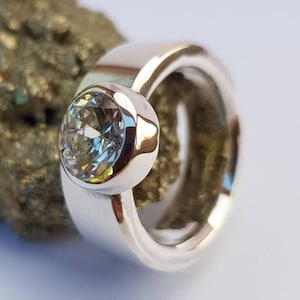 Contemporary 8 mm Wide,3mm Thick Band Sterling Silver Ring with Bezel Set Blue Lab Sapphire Plus 2 x Silver Wedding Bands
