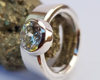 Contemporary 8 mm Wide,3mm Thick Band Sterling Silver Ring with Bezel Set Blue Lab Sapphire Plus 2 x Silver Wedding Bands