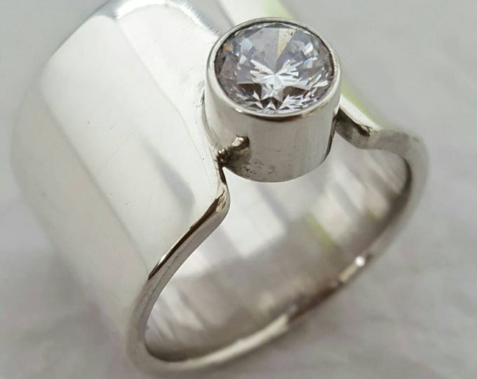 Contemporary 15mm Wide Band Sterling Silver Ring with Tube Set 6mm Facetted White Moissanite