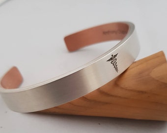 Heavy 3mm Thick Sterling Silver Unisex Cuff Bracelet with Copper Lining with Satin Finish and Optional Medical Alert Engraving.