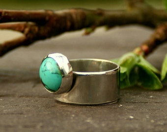 Contemporary Handmade Sterling Silver Wide Band Ring with 12mm Bezel Set Turquoise Cabochon Stone.