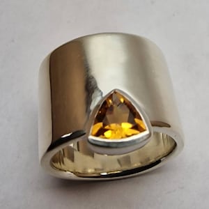 Contemporary 15mm Wide Band Sterling Silver Ring with 6mm Facetted Triangular Citrine