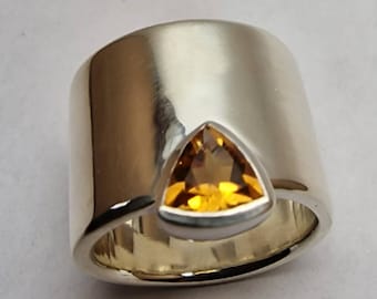 Contemporary 15mm Wide Band Sterling Silver Ring with 6mm Facetted Triangular Citrine