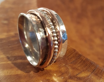 Unisex Sterling Silver 12 mm Wide Meditation / Fiddle Spinner Ring with Silver and Copper Spinners.  Hammer Finished