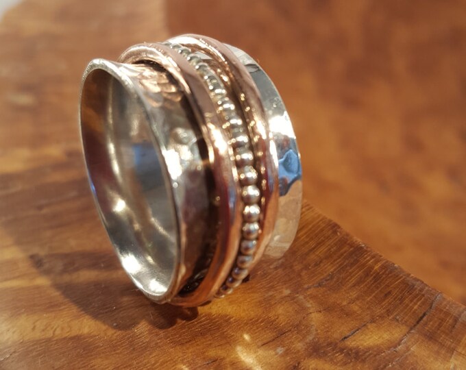 Unisex Sterling Silver 12 mm Wide Meditation / Fiddle Spinner Ring with Silver and Copper Spinners.  Hammer Finished