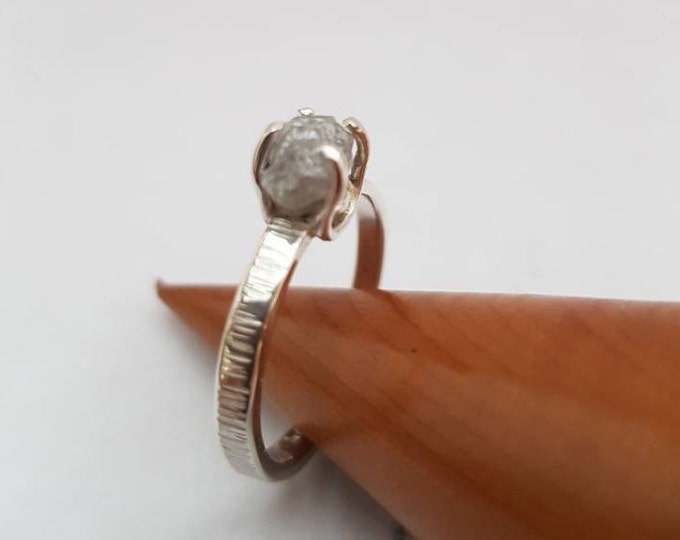 Stunning Sterling Slimline Silver Ring with Silver Grey Raw Uncut Diamond.  "Bark" Effect Textured Band. Engagement, Eternity