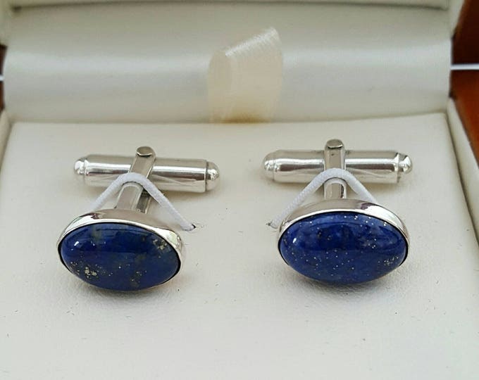 Handmade Sterling Silver Gents T-Bar Cufflinks withThick Bezel Set 14 x 10 mm oval  Lapis Lazuli Stones