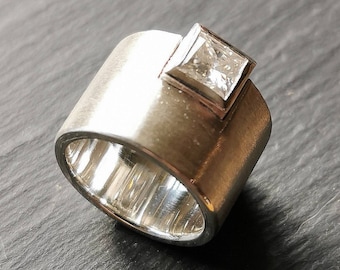 Contemporary 15mm Wide Band Sterling Silver Ring with 6mm Facetted Square White Moissanite