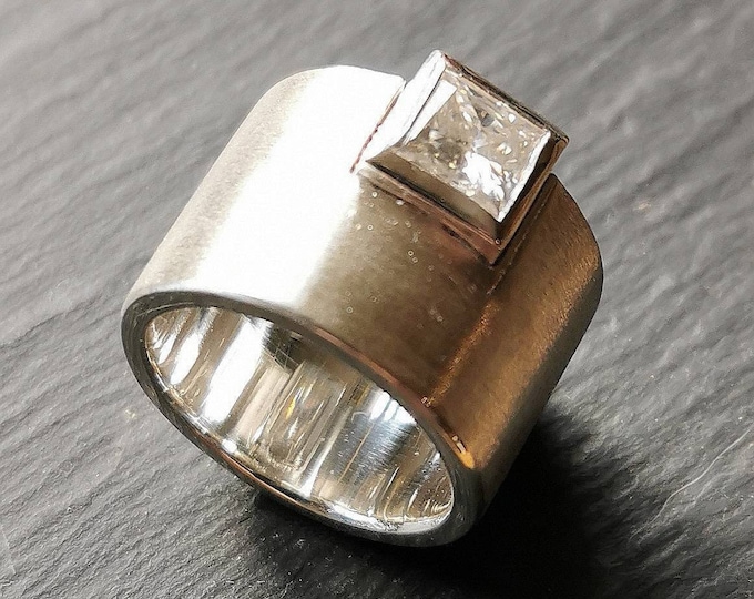 Contemporary 15mm Wide Band Sterling Silver Ring with 6mm Facetted Square White Moissanite