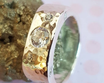 Contemporary Custom 6mm Wide Band Sterling Silver Ring with Large 4mm central Moissanite &"Wave" Pattern 1.5 and 2mm Facetted Moissanites