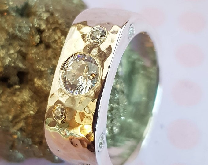 Contemporary Custom 6mm Wide Band Sterling Silver Ring with Large 4mm central Moissanite &"Wave" Pattern 1.5 and 2mm Facetted Moissanites