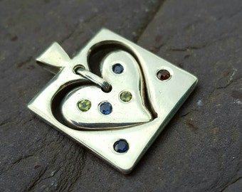 Handmade Sterling Silver Heart Pendant with Sapphires, Peridot and Garnets