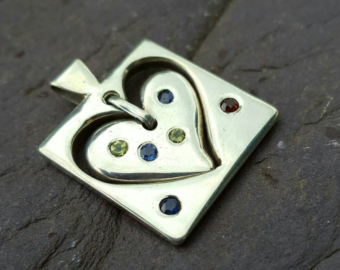 Handmade Sterling Silver Heart Pendant with Sapphires, Peridot and Garnets