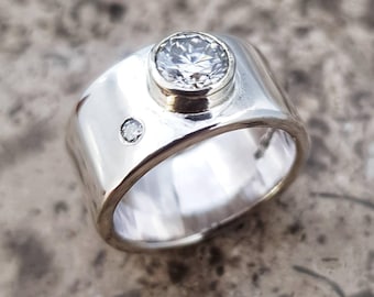 Contemporary Custom 10mm Wide Band Sterling Silver Ring with Tube Set Facetted Moissanite  in 9ct White Gold Bezel