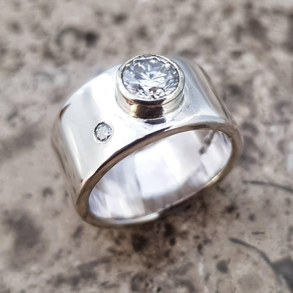 Contemporary Custom 10mm Wide Band Sterling Silver Ring with Tube Set Facetted Moissanite  in 9ct White Gold Bezel