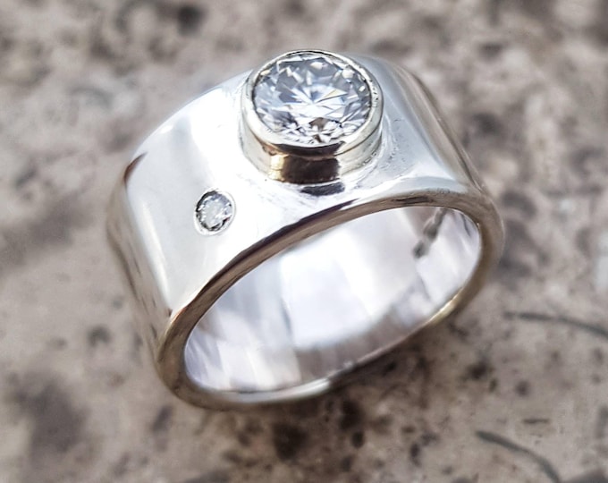 Contemporary Custom 10mm Wide Band Sterling Silver Ring with Tube Set Facetted Moissanite  in 9ct White Gold Bezel