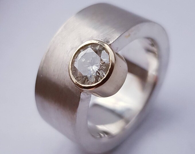 Contemporary 10 mm Wide (3mm Thick) Band Sterling Silver Ring with Bezel Set Offset Facetted 6mm Moissanite in a 9ct Yellow Gold Bezel