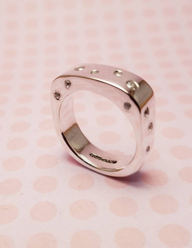 Contemporary Custom 6mm Wide Band Sterling Silver Ring with Wave Pattern 2mm Facetted Lab Created Diamonds /& 5mm Central stone