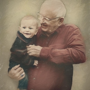 Pu&ograve; includere: Immagine di arte digitale di un bambino sorridente tenuto in braccio da una persona anziana. Il bambino indossa una giacca nera e pantaloni blu. La persona anziana indossa una camicia rossa abbottonata e occhiali. Lo sfondo &egrave; di un colore neutro.