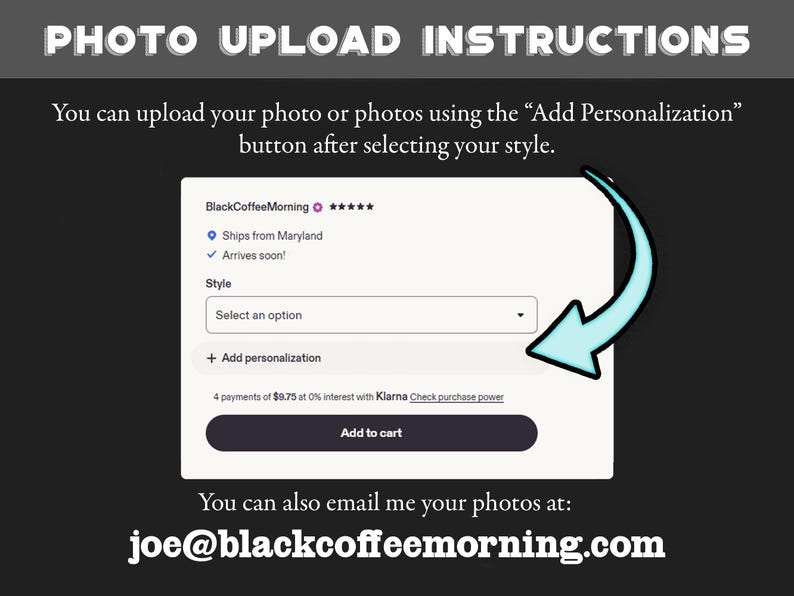Pu&ograve; includere: Immagine con il testo "PHOTO UPLOAD INSTRUCTIONS". Mostra come caricare foto utilizzando il pulsante "Add Personalization". L'immagine mostra anche l'indirizzo email del venditore: joe@blackcoffeemorning.com.