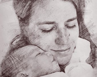 Custom Family Portrait from Photo – Rustic Minimal Sketch Style Wedding & Anniversary Gift