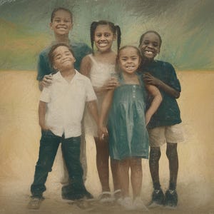 Pu&ograve; includere: Ritratto di cinque bambini sorridenti. Indossano abiti casual, tra cui una camicia bianca, jeans blu, un vestito turchese e pantaloncini. Lo sfondo &egrave; un mix di giallo, verde e marrone.