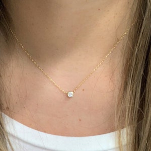 5MM Dainty CZ Necklace, Elegant CZ Solitaire Necklace, Tiny Diamond Pendant, CZ Link Necklace, Bezel Cubic Zirconia Solitaire