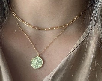 18K Gold Coin Medallion Necklace | Layer Link Chain | Paperclip Necklace | 18K Gold over Sterling Silver | Gold Vermeil Paperclip Necklace