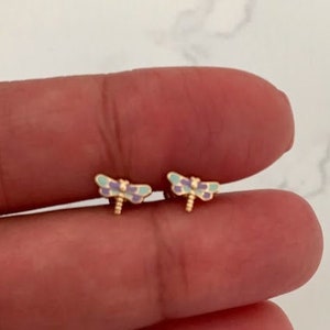 14K Solid Yellow Gold Dragonfly Earrings, Enamel Painted Dragonflies, Dainty Girl Earrings, Children Earring, Girl Earrings, Girl Studs