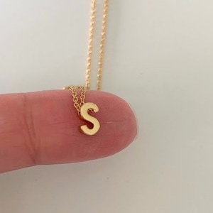 Pode incluir: Um colar de corrente de ouro com um pequeno pingente de ouro com a letra 'S'.