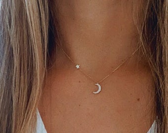 Crescent Moon & Star Necklace, Dainty Gold or Silver , Sterling Silver,  Shiny and Delicate, Birthday, Wedding, Bridesmaid Gift