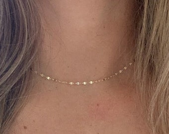 14K Solid Gold Sparkle Mirror Chain Necklace: Elegant Sequin Chain