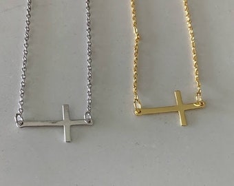 925 Sterling Silver Cross Necklace, Dainty Cross Sideways, Sideways Cross, Religious Gift, Dainty Cross Necklace, Minimalist Cross