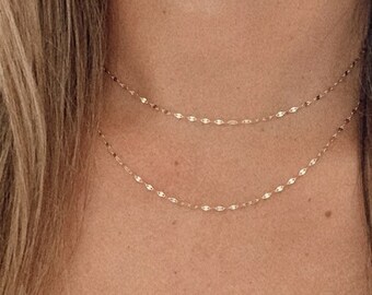 14K Solid Gold Sparkle Mirror Chain Necklace: Elegant Sequin Chain