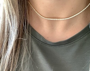 Cubic Zirconia Tennis Necklace | 14K Gold over Silver | 2 MM Diamond Tennis Choker Necklace | Bridal Jewelry | Dainty Minimalist Necklace