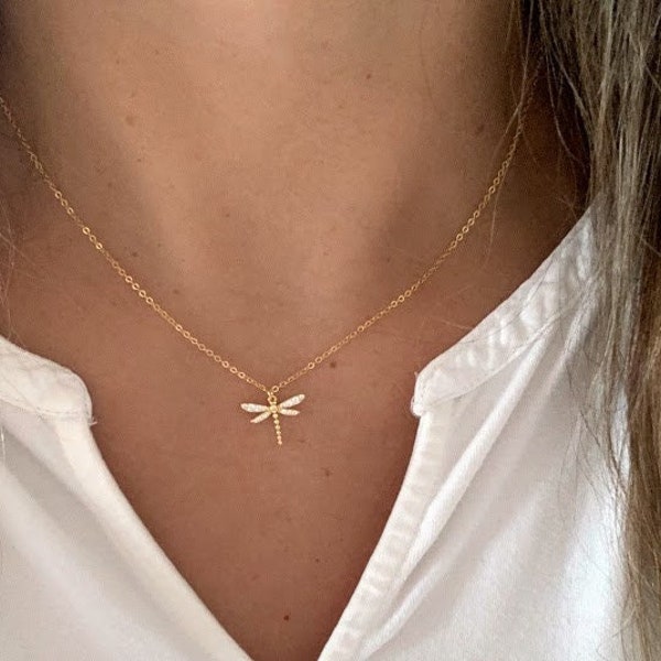 Collana d'oro con libellula, collana con pendente a forma di libellula, gioielli con libellula, gioielli estivi, collana con pendente a forma di libellula