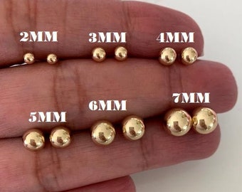 14K Solid Gold Button Ball Earrings, High Polish, 2MM,3MM, 4MM, 5MM, 6MM, 7MM, Studs, Gold Plastic Push Back Studs, Genuine Gold Ball, Gift