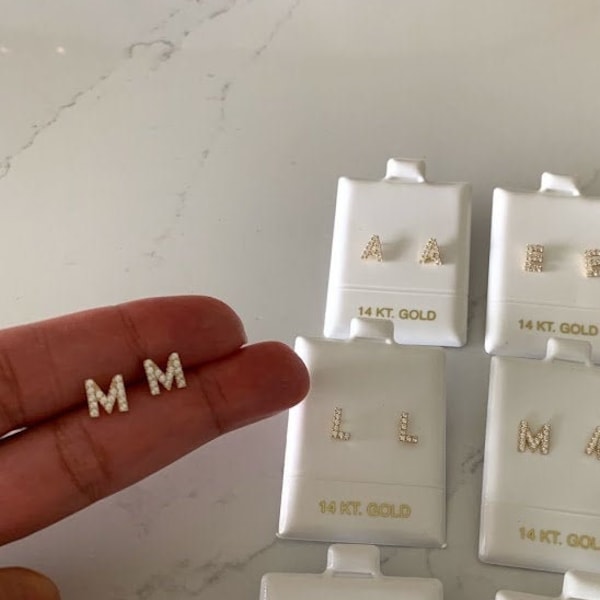 14K Solid Gold Initial Earrings, Cubic Zirconia, Dainty Studs, Gold Push Back Studs, Genuine Gold Letters with CZ, Gift