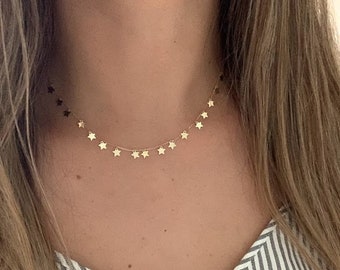 14K Solid Gold Stars Necklace: Dainty Layering Jewelry