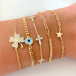Dainty Sterling Silver Bracelet Set: Clover, Evil Eye, Cross