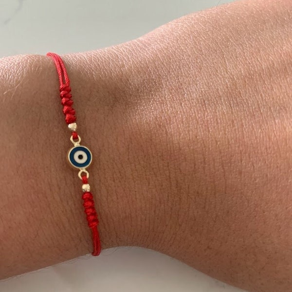 14K Gold Evil Eye Bracelet, Red String Gold Bracelet, Evil Eye, Solid Gold Bracelet, Handmade, Yellow Gold, Gift For Protection, Gift