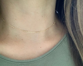14K Gold Beaded Satellite Chain: Dainty Minimalist Necklace