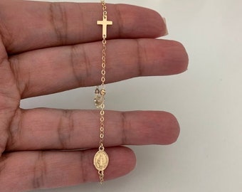 14K Yellow Gold Rosary Bracelet: Miraculous Medal, Cross, Religious Jewelry