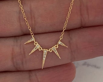 Gold Spike Necklace 16"+2, Dainty Chain, CZ Triangles Necklace, Cubic Zirconia Necklace, Spikes Necklace, Geometric Modern Silver Necklaces