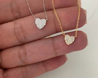 Gold Pave Heart Necklace, Silver Heart Necklace, Heart Jewelry, Small Heart Necklace, GOLD Heart Necklace, Gift for Mom, Gift for Wife