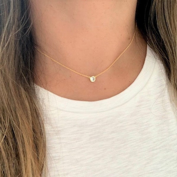Solitaire Cubic Zirconia Necklace, Stacking, Dainty, Delicate CZ Necklace, Gold CZ Solitaire, Everyday Necklace, Layering, Choker Necklace